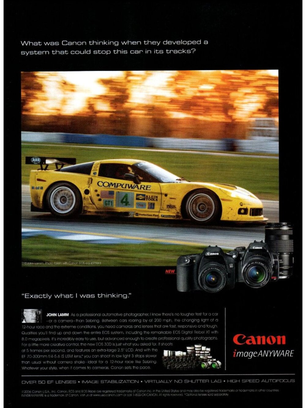 2006 Canon EOS Camera Chevy Corvette Vintage Print Ad Sebring Racing Wall Art